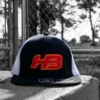 HB Sports Headbanger Sports I8501 Cap America Flexfit Performance Trucker Mesh Back Hat: Black / White / Sunset