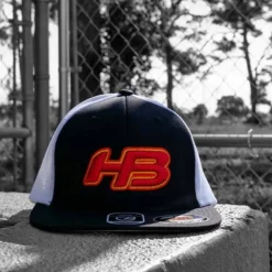 HB Sports Headbanger Sports I8501 Cap America Flexfit Performance Trucker Mesh Back Hat: Black / White / Sunset